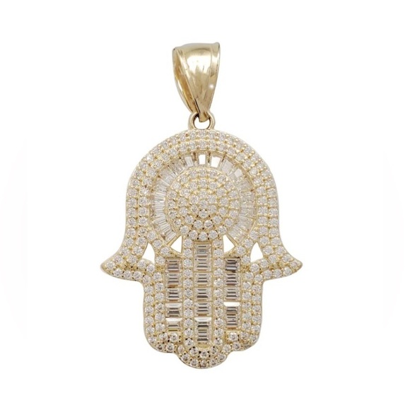 14K Yellow Gold Hamsa Hand Pendant with Cubic Zirconia Unisex Lucky Charm